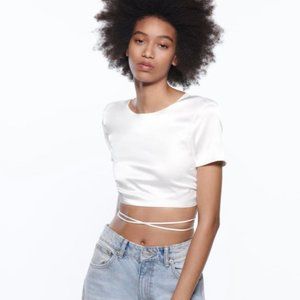 Zara Satin Crop Top in White, Size Small